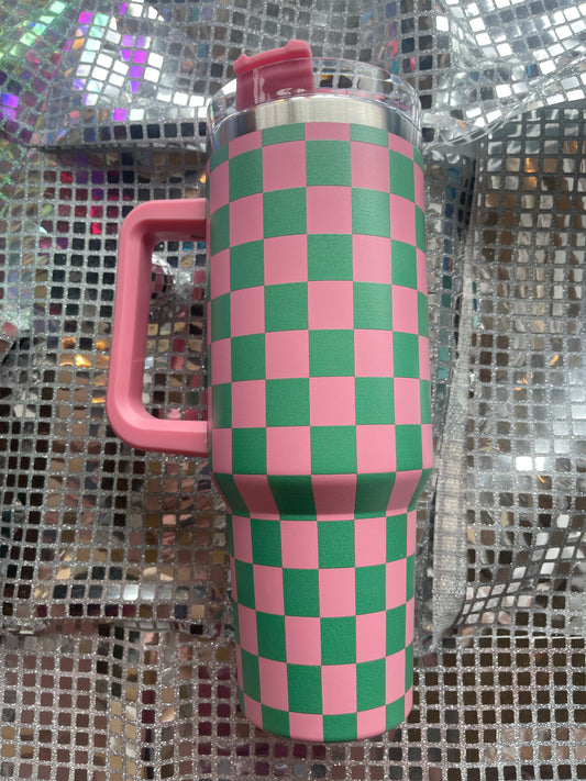 Pink + Green Checkered 40oz Tumbler